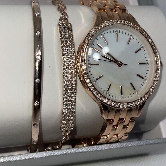 Gold Tone Crystal Watch Bracelet (3 Piece Set) Stunning Chic Intricate Style NEW - Picture 11 of 16